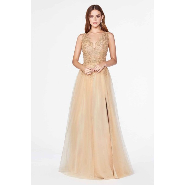 A-Line Tulle Gown With Deep V-Neckline And High Slit by Cinderella Divine -CE0020