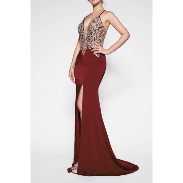 Fitted Satin Crepe Gown With Deep Plunge Neckline And Open Back by Cinderella Divine -ML927