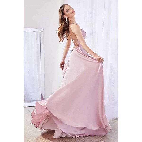 Satin A-Line Gown With Leg Slit And Tie Up Criss Cross Back by Cinderella Divine -CJ527