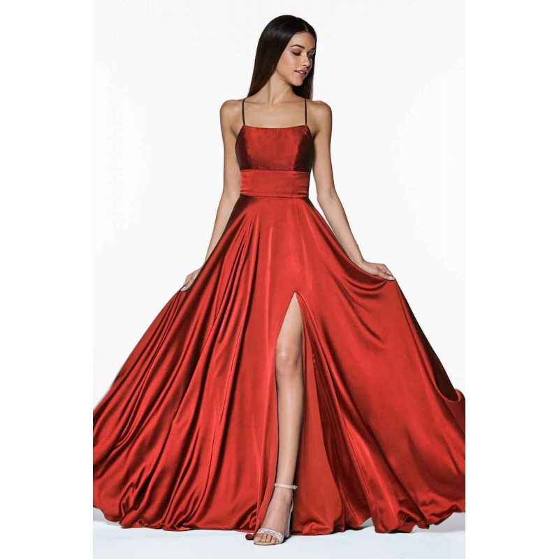 Satin A-Line Gown With Leg Slit And Tie Up Criss Cross Back by Cinderella Divine -CJ527