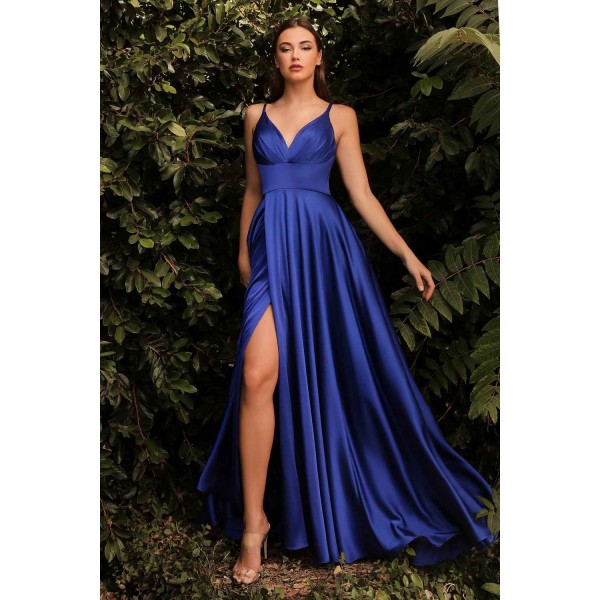 A-Line Satin Gown With Pleated Bodice And High Wrap Slit by Cinderella Divine -7472