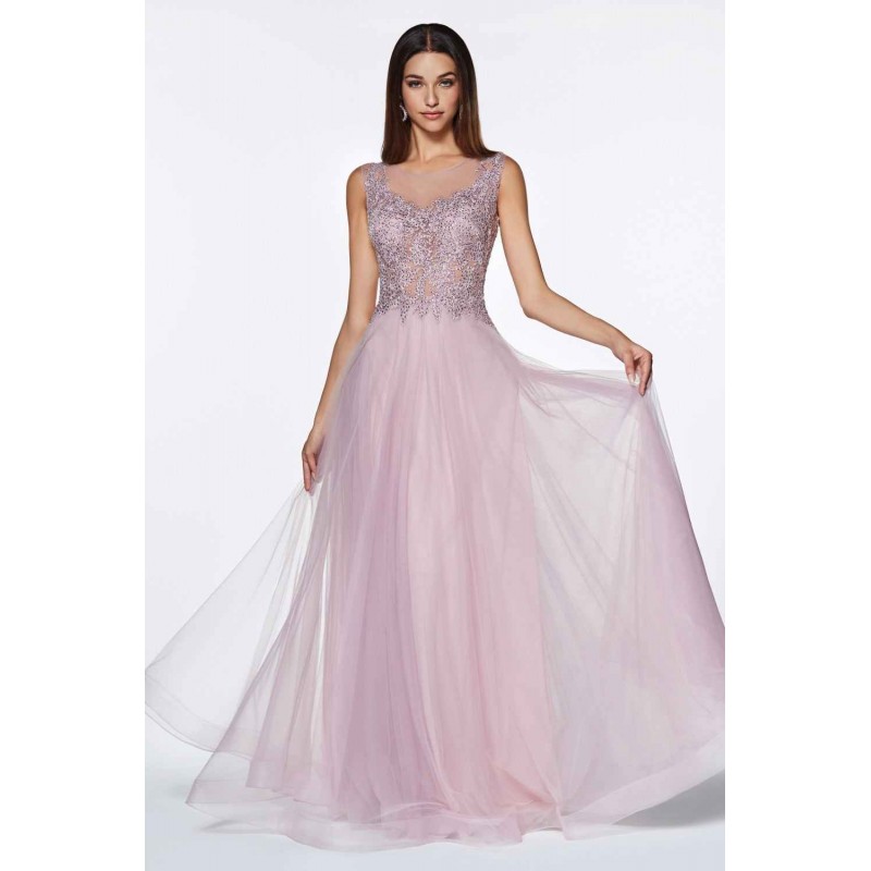 A-Line Beaded Lace Bodice Dress With Tulle Skirt And Closed Back by Cinderella Divine -CD0136