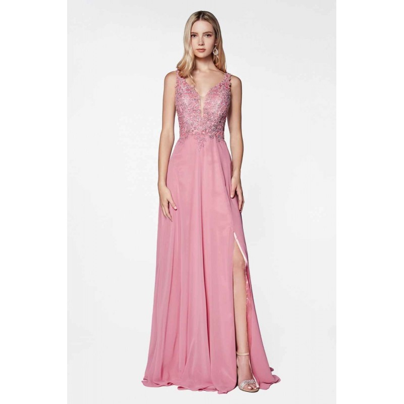 A-Line Gown With Lace Bodice And Chiffon Slitted Skirt by Cinderella Divine -CD0133