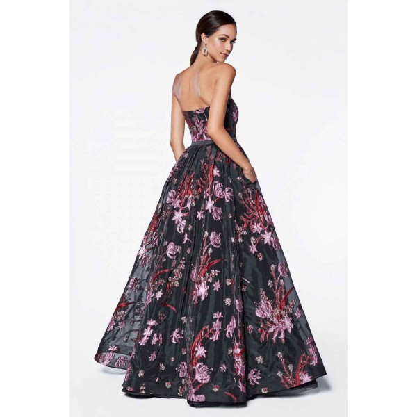 Dark Floral Garden Strapless Ball Gown by Cinderella Divine -CS031