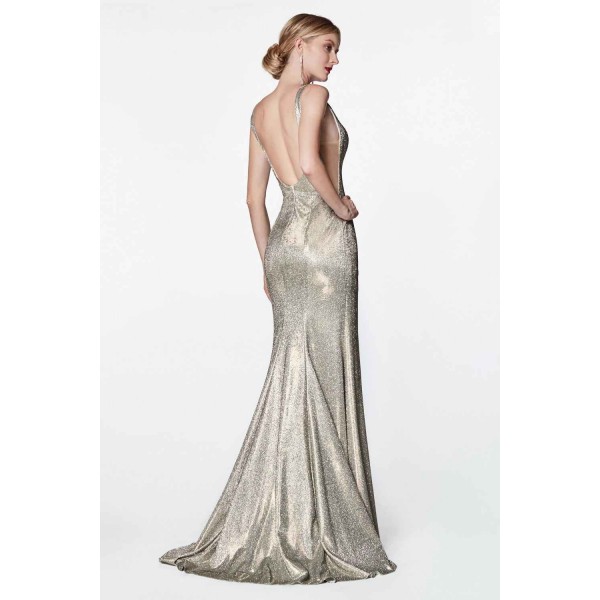 Fitted Metallic Glitter Gown With Deep Sweetheart And Leg Slit by Cinderella Divine -KC876