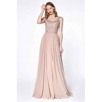A-Line Chiffon Gown With Lace Bodice And Scoop Back by Cinderella Divine -KC886