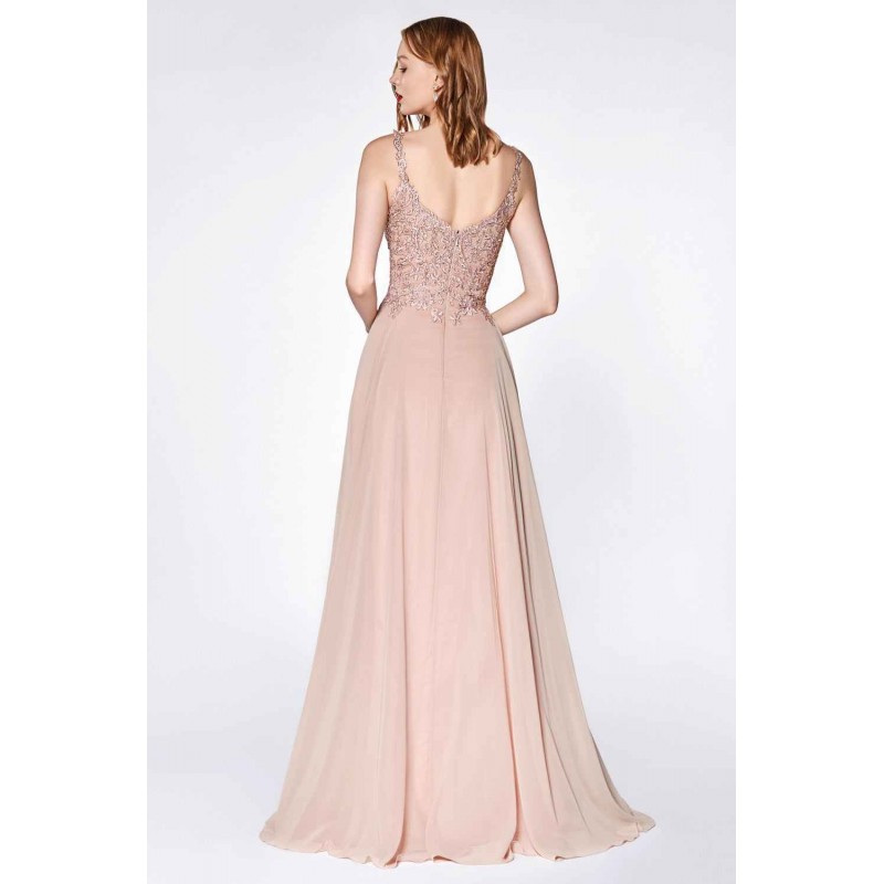 A-Line Chiffon Gown With Lace Bodice And Scoop Back by Cinderella Divine -KC886
