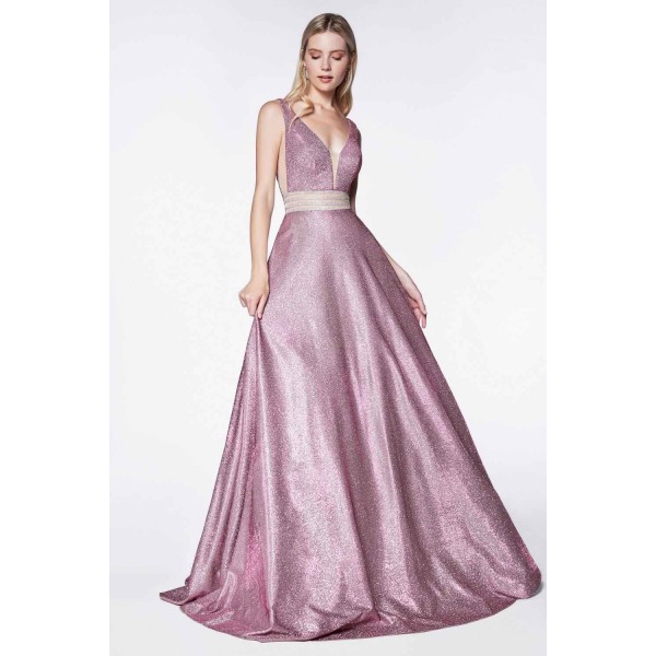 Deep V-Neckline Ball Gown With Glitter Fabric And Beaded Belt by Cinderella Divine -KC873