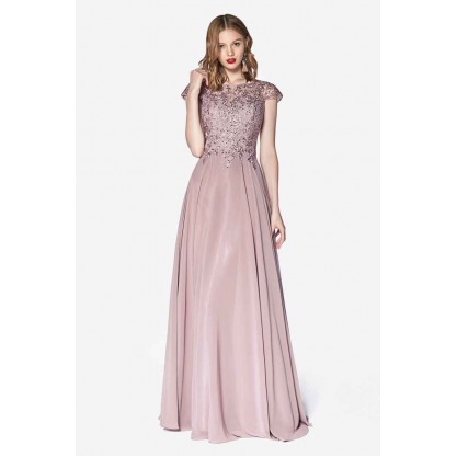 Flowy A-Line Chiffon Cap Sleeve Gown With Beaded Bodice And Closed Illusion Back by Cinderella Divine -CD0126