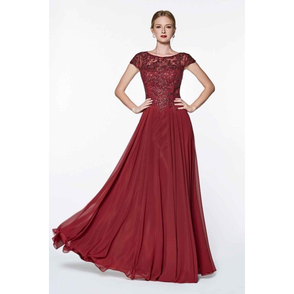 Flowy A-Line Chiffon Cap Sleeve Gown With Beaded Bodice And Closed Illusion Back by Cinderella Divine -CD0126