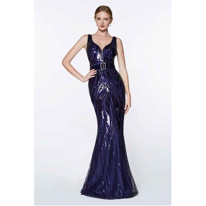Fitted Sequined Gown With V-Neckline And Open Back by Cinderella Divine -CH552