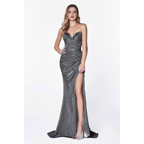 Strapless Ruched Sparkle Dress With Sweetheart Neckline And Leg Slit by Cinderella Divine -CF331