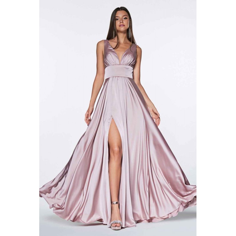 Satin Flowy A-Line Dress With Leg Slit, Open Back And V-Neckline by Cinderella Divine -7469