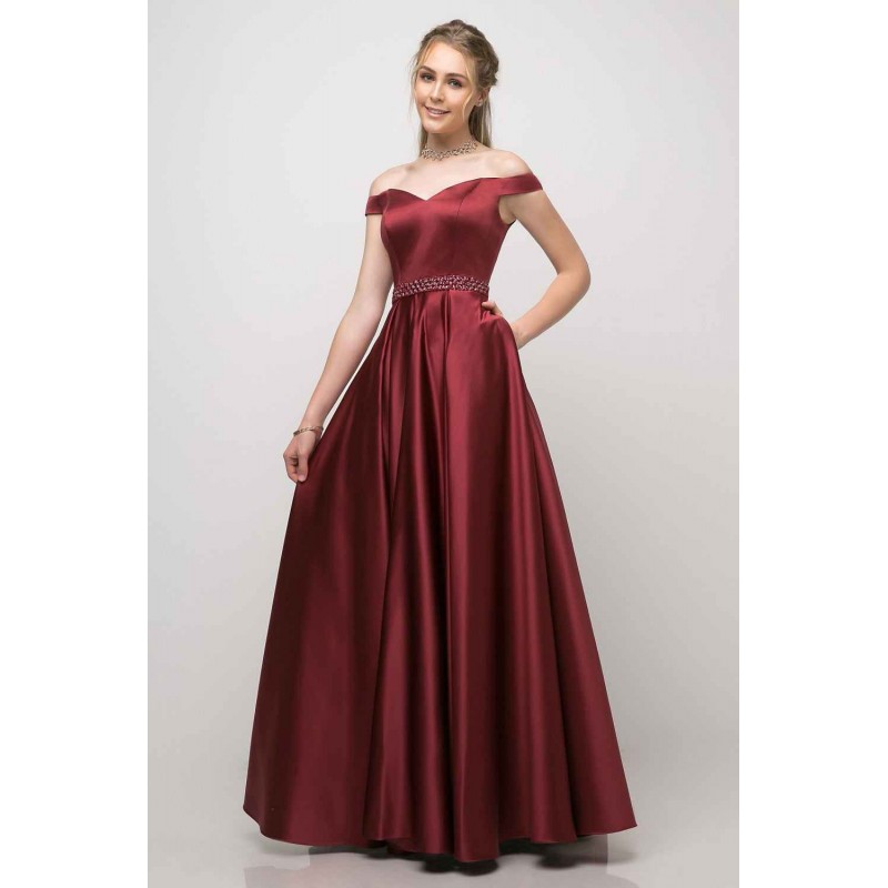 Off The Shoulder Satin Ball Gown With Beaded Belt And Pockets by Cinderella Divine -UT257