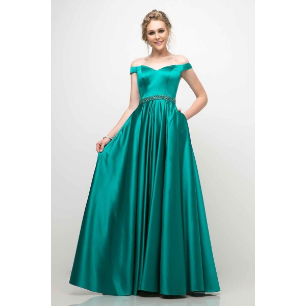 Off The Shoulder Satin Ball Gown With Beaded Belt And Pockets by Cinderella Divine -UT257