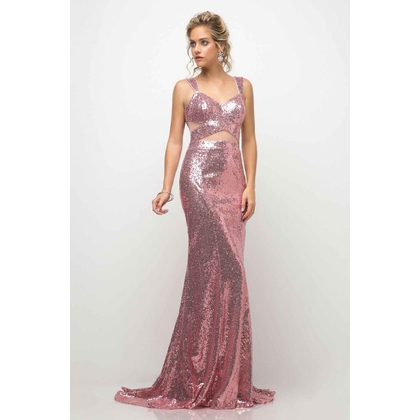 Fitted Sequin Gown With Illusion Cut Outs And Open Back by Cinderella Divine -UE007