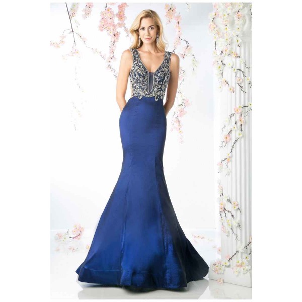 Beaded Bodice Satin Mermaid Gown by Cinderella Divine -8788