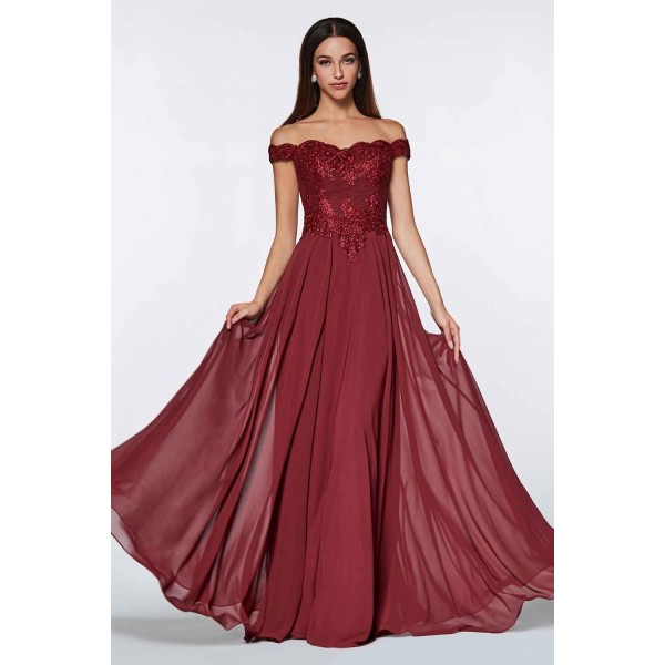 Off The Shoulder Lace Bodice Gown With Flowy Chiffon Bottom And Leg Slit In Lining by Cinderella Divine -7258