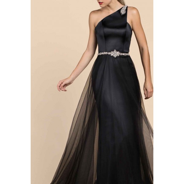 Asymmetric Satin Gown With A Tulle Overskirt by Andrea and Leo -A0080