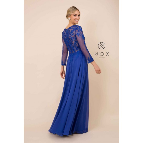 3/4th Sleeve Chiffon Gown With Floor Length Skirt by Nox Anabel -H529