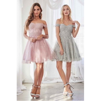 A-Line Layered Tulle Short Dress With Off The Shoulder Lace by Cinderella Divine -CD0167