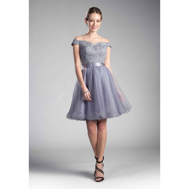 Off The Shoulder A-Line Short Dress With Lace Bodice And Layered Tulle Skirt by Cinderella Divine -1021