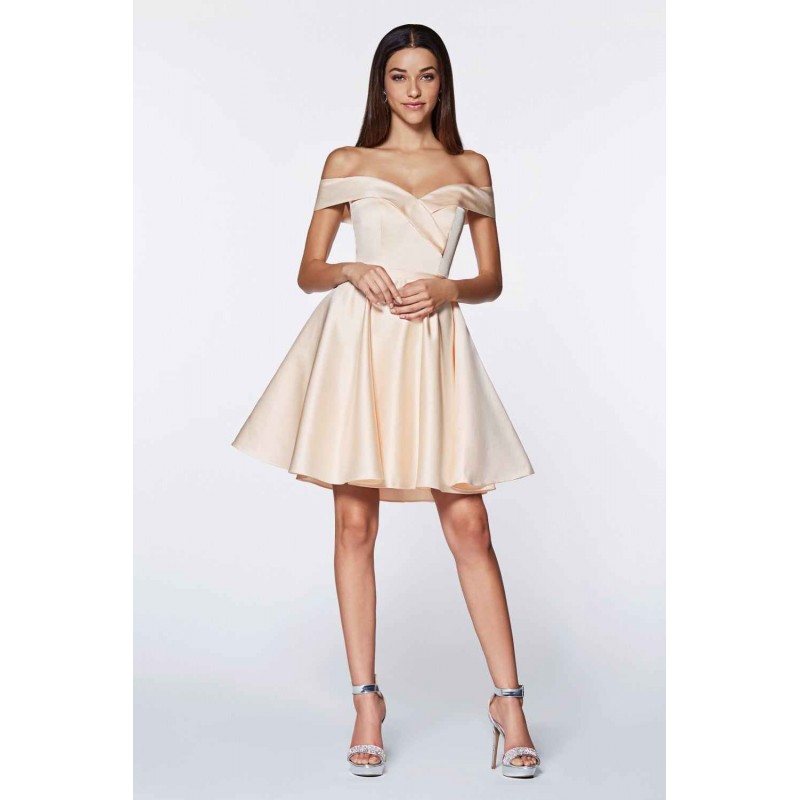 Off The Shoulder Short A-Line Dress With Satin Finish And Beaded Belt by Cinderella Divine -CD0140