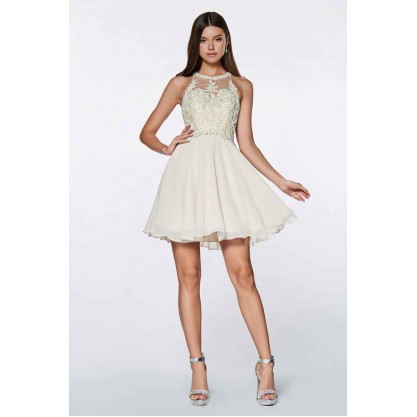 Short A-Line Dress With Chiffon Skirt And Beaded Lace Halter Bodice by Cinderella Divine -CD0141