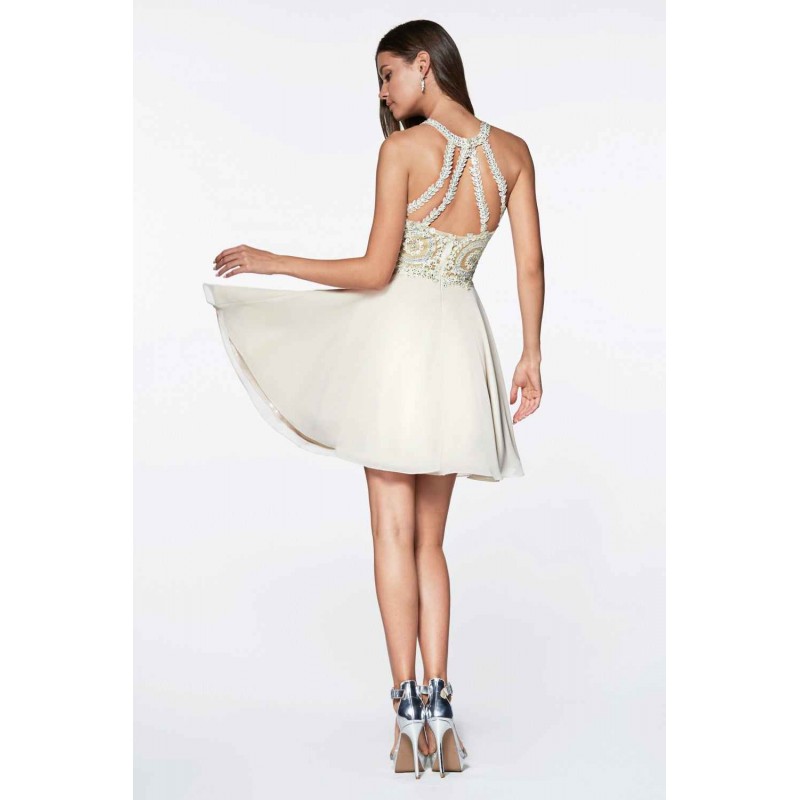 Short A-Line Dress With Chiffon Skirt And Beaded Lace Halter Bodice by Cinderella Divine -CD0141