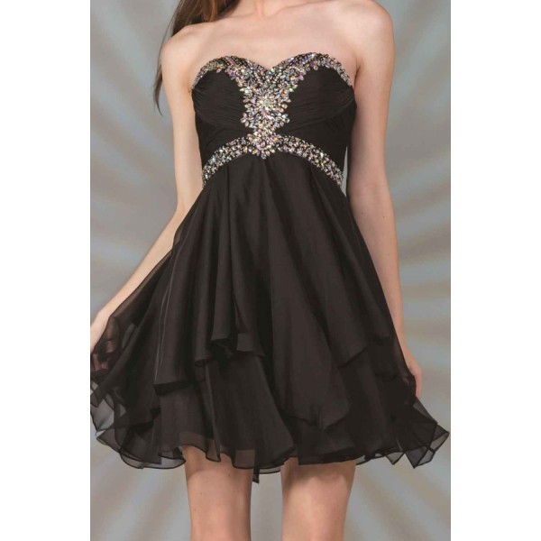 Strapless Short Dress With Pleated Beaded Bodice And Layered A-Line Skirt by Cinderella Divine -JC889