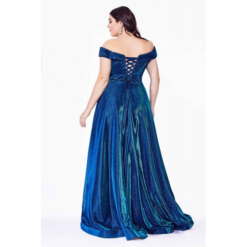 Off The Shoulder A-Line Cap Sleeves Gown With Metallic Glitter Finish And Lace Up Back by Cinderella Divine -CD210C