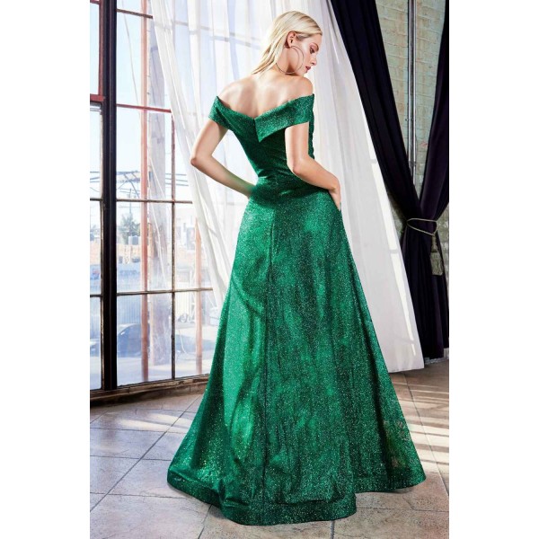 Off The Shoulder Ball Gown With Glitter Print Pattern And Pockets by Cinderella Divine -CB050