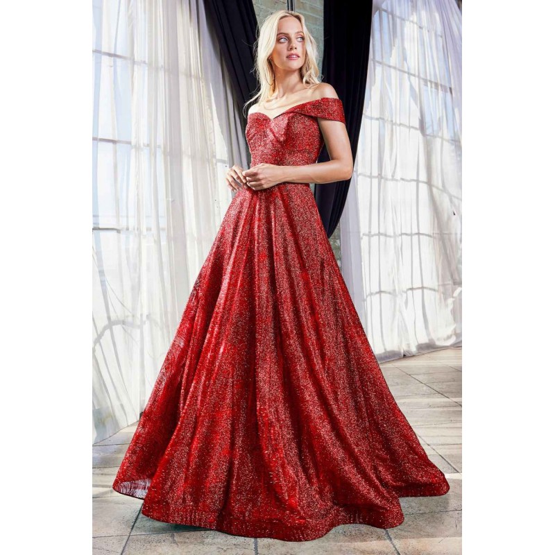 Off The Shoulder Ball Gown With Glitter Print Pattern And Pockets by Cinderella Divine -CB050