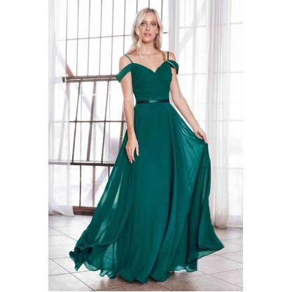 Off The Shoulder Chiffon Gown With Corset Back And Satin Belt by Cinderella Divine -CD0156