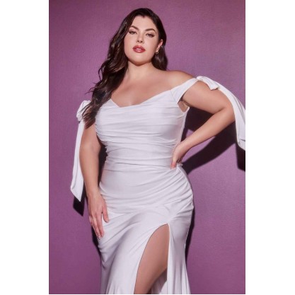 Plus Size White Off Shoulder Gown By Cinderella Divine -CD944WC