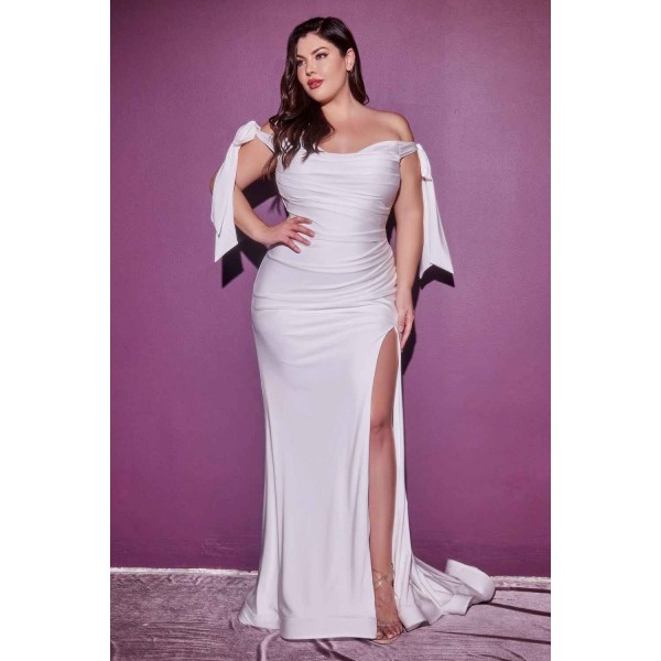 Plus Size White Off Shoulder Gown By Cinderella Divine -CD944WC