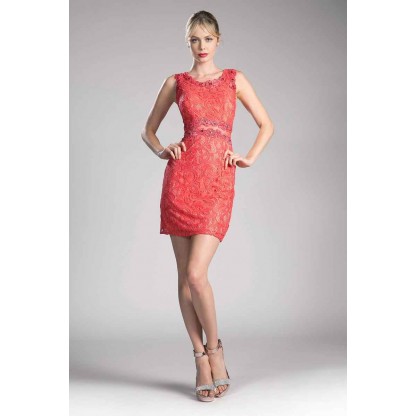 Fitted Lace Cocktail Dress With Illusion Waist Cut Out And High Neckline. by Cinderella Divine -CF067S