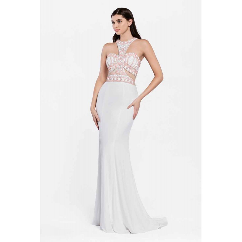 Beaded Long Fitted Halter Ivory Dress by Cinderella Divine -PC901