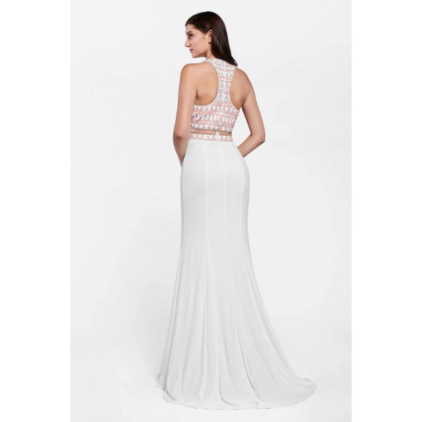 Beaded Long Fitted Halter Ivory Dress by Cinderella Divine -PC901