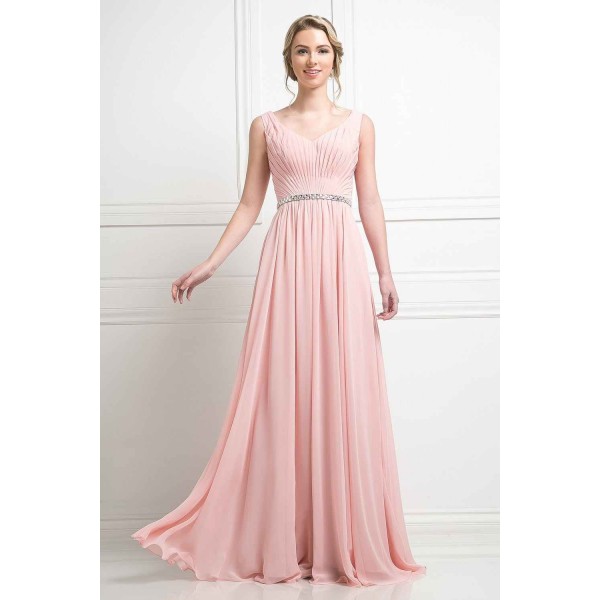 A-Line Chiffon Gown With V-Neckline And Beaded Belt by Cinderella Divine -W0014
