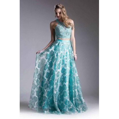 Beaded Lace Bodice 2 Piece Satin Floral Gown by Cinderella Divine -KD099