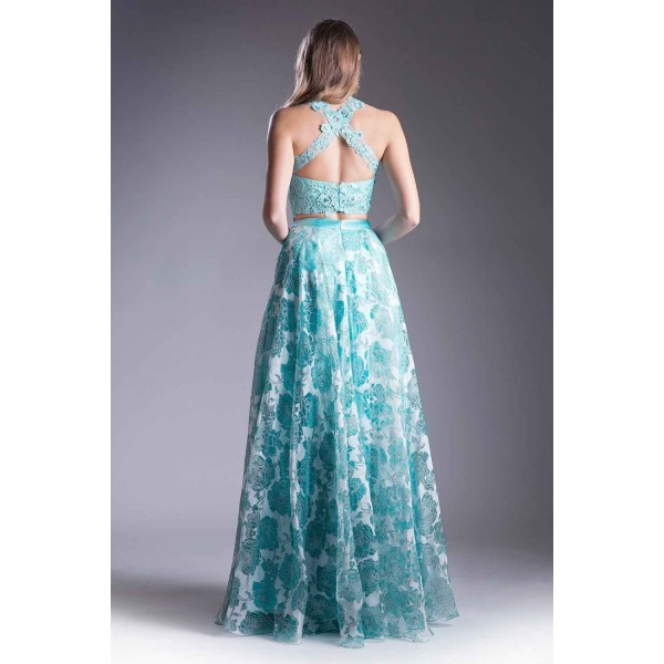 Beaded Lace Bodice 2 Piece Satin Floral Gown by Cinderella Divine -KD099