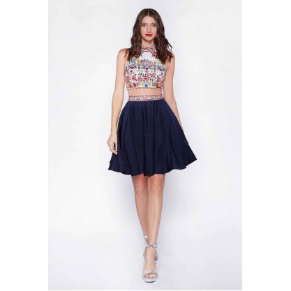 Two Piece Short Dress With Embroidered Top And A-Line Skirt by Cinderella Divine -82411