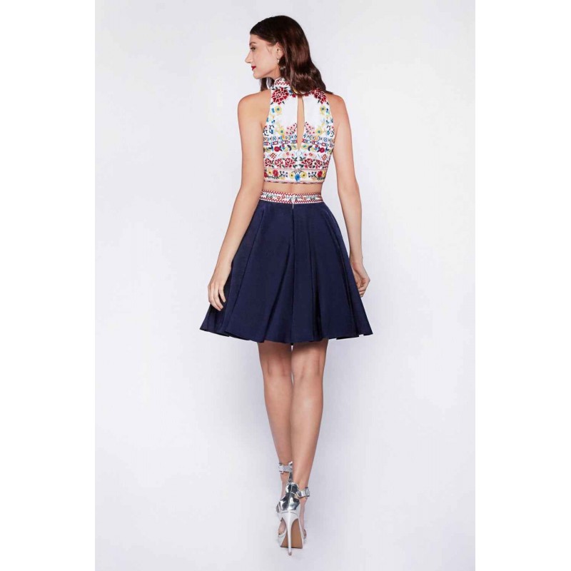 Two Piece Short Dress With Embroidered Top And A-Line Skirt by Cinderella Divine -82411