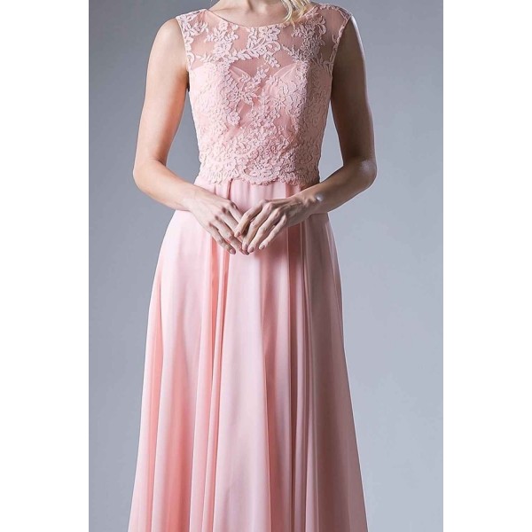 A-Line Chiffon Dress With Lace Bodice And Keyhole Back by Cinderella Divine -CJ245
