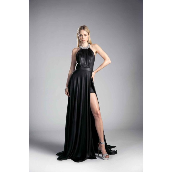 A-Line Knit Dress With Beaded Halter Neckline And Slit by Cinderella Divine -CE0008
