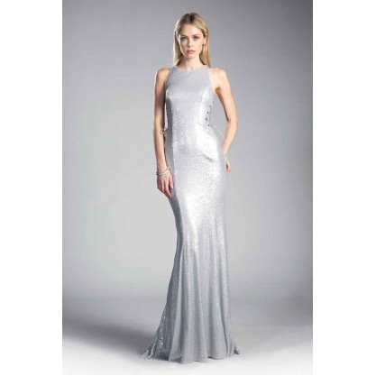 Fitted Sequin Gown With High Neckline And Lace Up Side Cut Outs by Cinderella Divine -84977