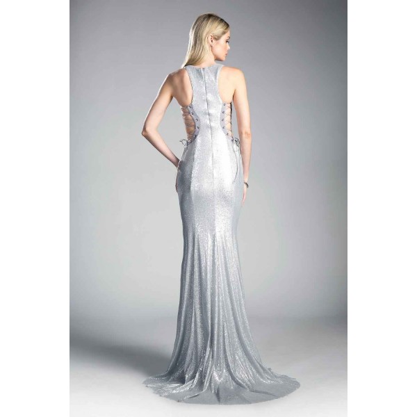 Fitted Sequin Gown With High Neckline And Lace Up Side Cut Outs by Cinderella Divine -84977