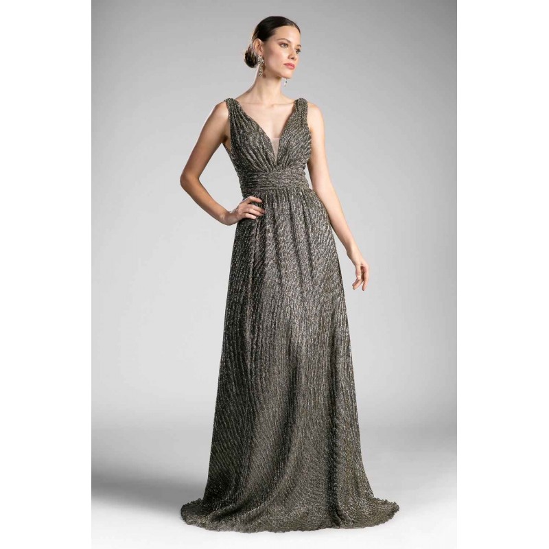 A-Line Metallic Knit Gown With Gathered Waistband And Open Back by Cinderella Divine -8276