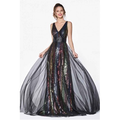 A-Line V-Neckline Gown With Multicolor Striped Sequins And Black Tulle Overskirt by Cinderella Divine -CS033